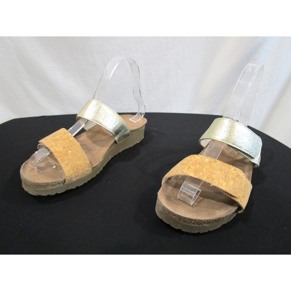 Naot Gold Leather & Natural Cork Slide Sandals Women Sz 6-6.5 US/ 37 EU
